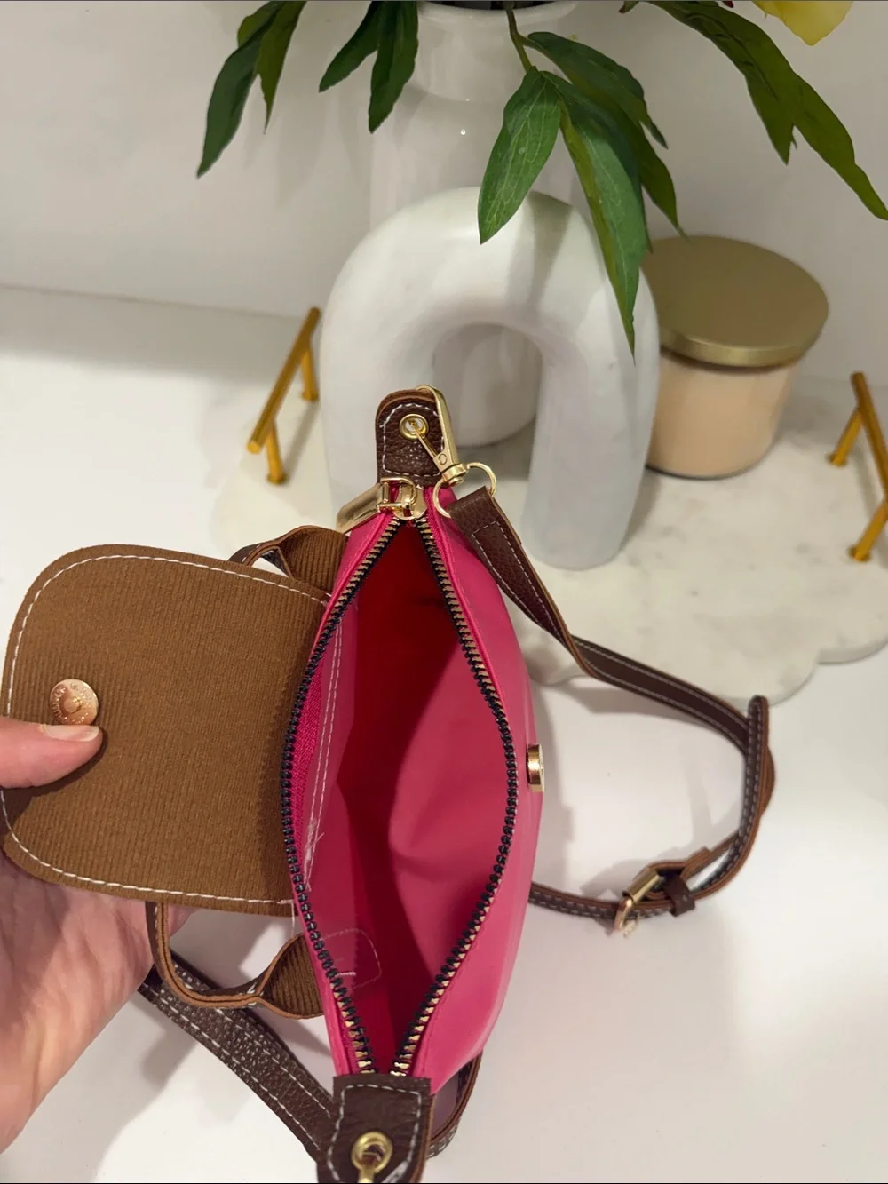 Pink Nylon Mini Bag with Brown Trim